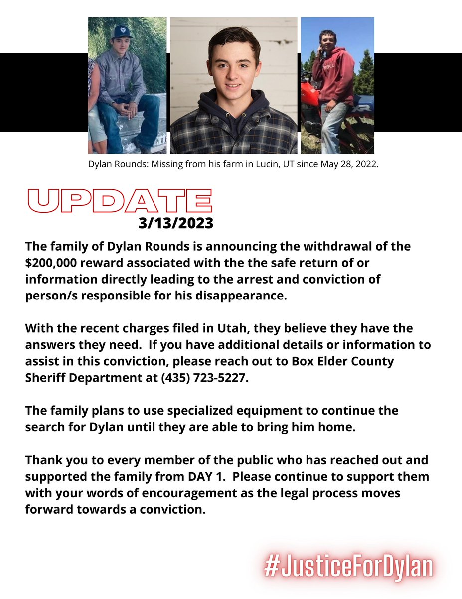 missingNamerica's tweet image. Today we have an update to share, along with an updated flyer to circulate. The $200,000 Reward is being withdrawn by the family as we move into the next phase of #JusticeForDylan! 
#DylanRounds #FindDylanRounds #MissingInAmerica