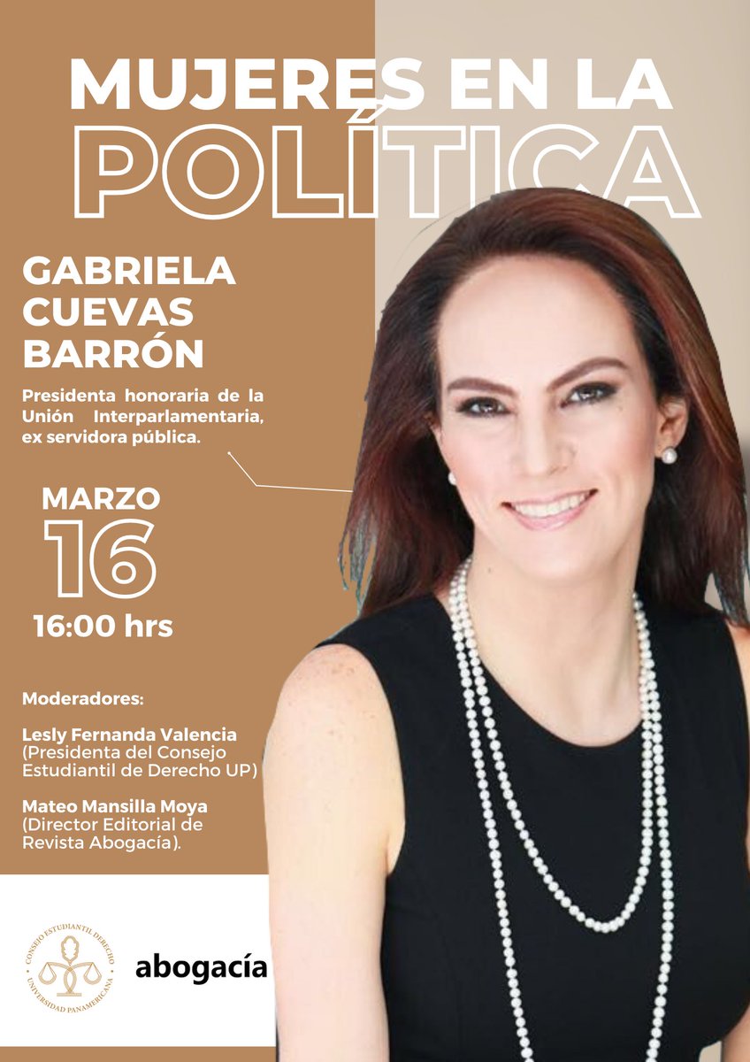 CAFDUP_'s tweet photo. ¡No te pierdas la conferencia “Mujeres en la Política”. con @GabyCuevas y  la presentación del número de marzo de @revistaabogacia!
¡Los esperemos este jueves a las 16:00 horas en el auditorio de la 
@UPMexico!

Moderan: @lesly_fvg y @moya_mansilla https://t.co/tP0OgW3BUS