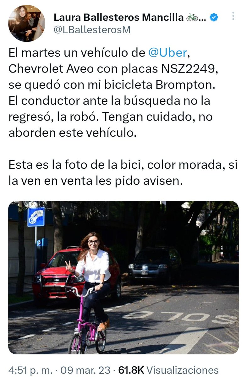 Este miércoles presentaré denuncia en la <a href="/FiscaliaCDMX/">Fiscalía CDMX</a> contra el conductor. No me regresará mi bici, pero si no exigimos justicia, estamos condenando a que les pase a las demás.

Gracias a mi compañero <a href="/royfid/">Roy Torres</a>,a <a href="/Uber/">Uber</a> y a toda la bandita ciclista por su jale.

Aquí nadie se deja.