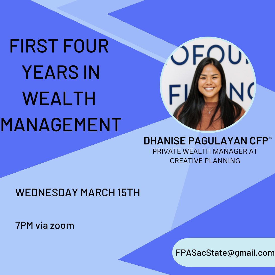 We are so excited to welcome Dhanise Pagulayan, CFP®. If you would like to know what it is like to get started within the Financial Planning Industry right out of college and how she got started, join us at 7PM on zoom! 🤩
Wednesday March 15th
via zoom - lnkd.in/g2gcmR6g