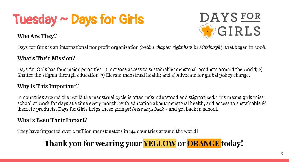 Tomorrows <a href="/MontourGirlUp/">Montour Girl Up</a> Dress Down For A Cause Week theme is in support of <a href="/DaysForGirls/">Days for Girls</a>! #MontourProud daysforgirls.org