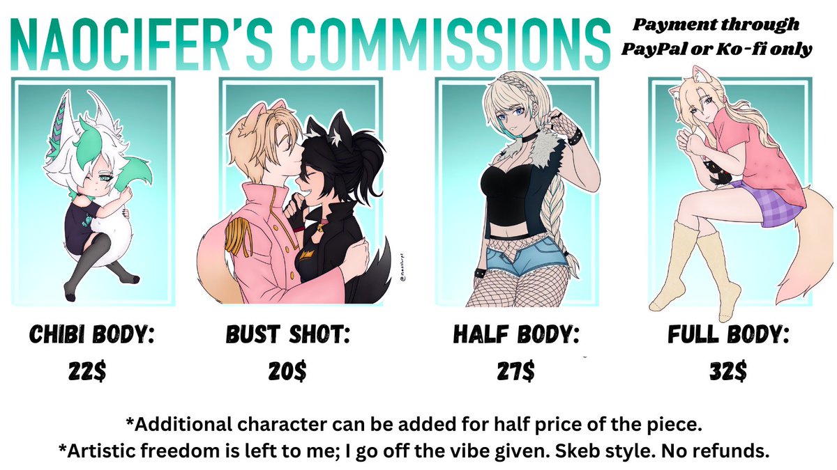 Naocifer's tweet photo. What's this? A new comm sheet? :o

Turn around time is around 1-2 weeks and you can order via DM or through ko-fi! (I really hope I did the ko-fi ones right 🥲) 

You can also DM for any inquiries 💕
#naosart #vtuber #VtuberUprising #opencommissions https://t.co/mhQ8N36Yr7