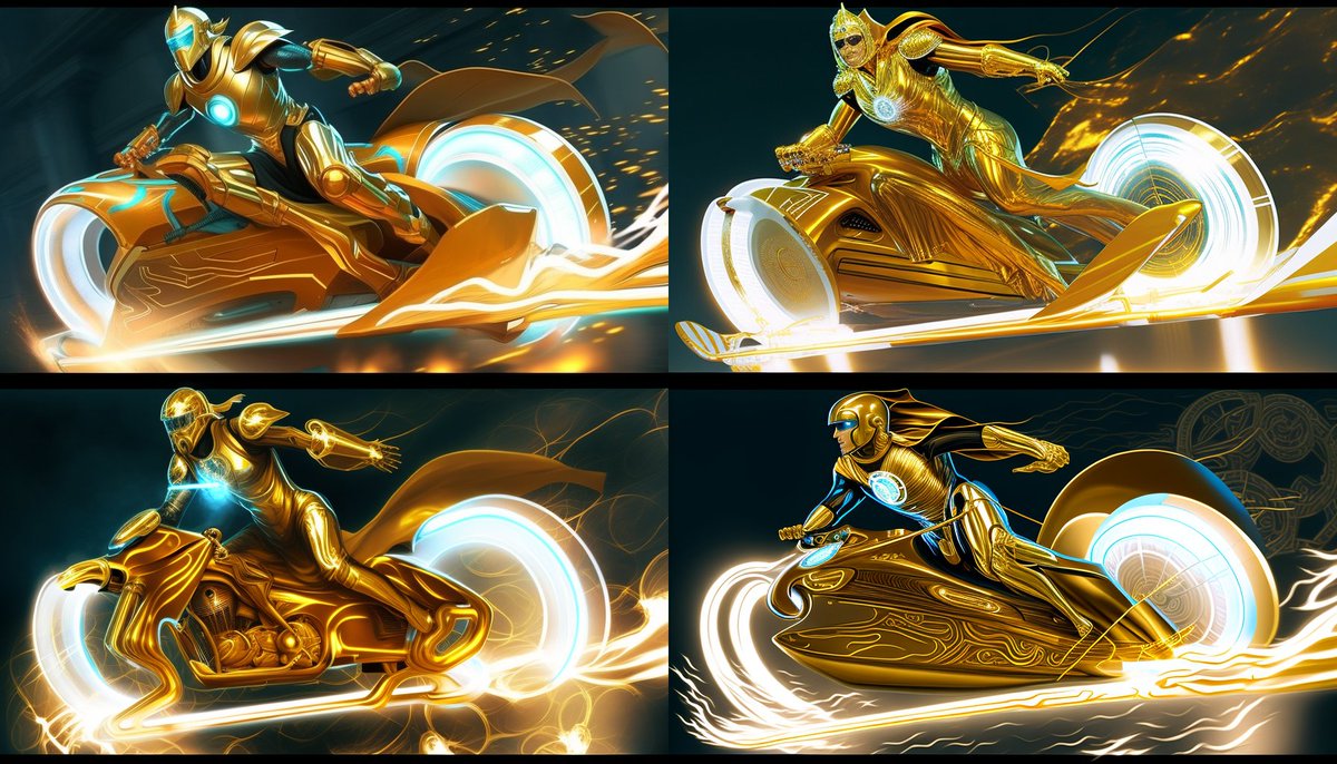 RelatosDeHugo's tweet photo. Esto no forma parte de ninguna idea para mis relatos, pero tenía ganas de probar mi suscripción de pago a Mid Journey mezclando conceptos de películas/series de mi adolescencia: las motos de Tron y Los caballeros del zodíaco. #midjourney #TRON https://t.co/DcDpjOmAQD