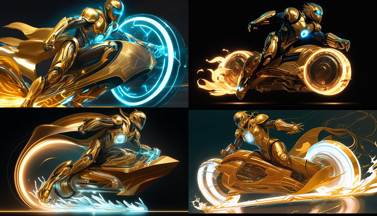 RelatosDeHugo's tweet photo. Esto no forma parte de ninguna idea para mis relatos, pero tenía ganas de probar mi suscripción de pago a Mid Journey mezclando conceptos de películas/series de mi adolescencia: las motos de Tron y Los caballeros del zodíaco. #midjourney #TRON https://t.co/DcDpjOmAQD