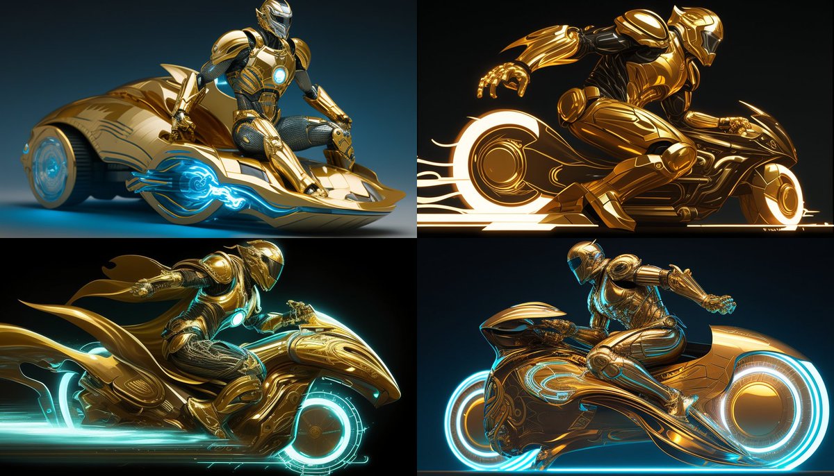 RelatosDeHugo's tweet photo. Esto no forma parte de ninguna idea para mis relatos, pero tenía ganas de probar mi suscripción de pago a Mid Journey mezclando conceptos de películas/series de mi adolescencia: las motos de Tron y Los caballeros del zodíaco. #midjourney #TRON https://t.co/DcDpjOmAQD