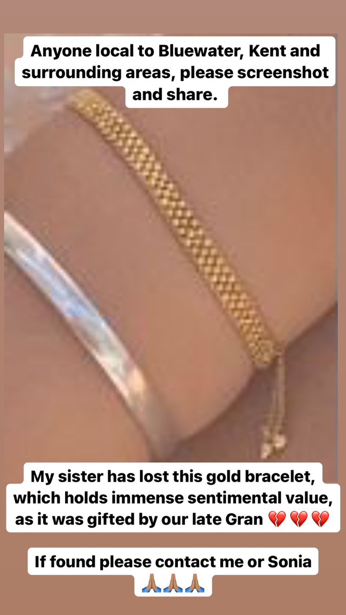 xLady_Kx's tweet photo. Trusting in the power of social media 🙏🏽🙏🏽🙏🏽 please share, and contact me if found! #Bluewater #Kent #Lost #Gold #Bracelet @TweetBluewater https://t.co/2jJuymkdtk