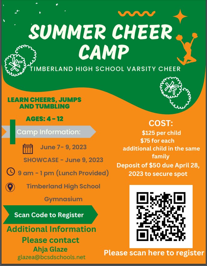 Timberland Wolves (@timberlandhs) on Twitter photo Summer Camp is approaching! Scan the QR code to register or contact Coach Ahja Glaze at glazea@bcsdschools.net to receive a paper copy of the application! Summer Camp is approaching! Scan the QR code to register or contact Coach Ahja Glaze at glazea@bcsdschools.net to receive a paper copy of the application!