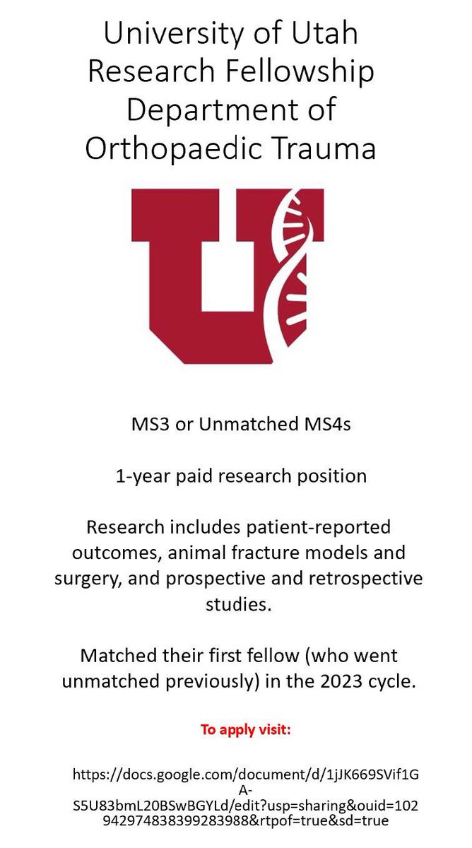 Inside_TheMatch's tweet photo. #Unmatched #OrthopedicSurgery Applicants: check out this research year position at the University of Utah. Their first fellow just matched (who was unmatched previously). https://t.co/Dp5yQLp9Li… #Match2023 #SOAP2023 #ResearchYear #SOAP #orthotwitter #InsideTheMatch https://t.co/3VtqI1EJz3