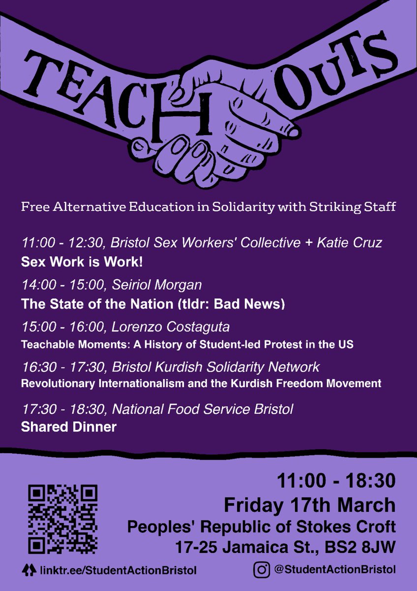 StudentsActBris's tweet photo. 💥TEACH OUTS RETURN💥

Come to the People's Republic of Stokes Croft on Friday the 17th of March for a day of radical, alternative education. https://t.co/1sToOgeAaS