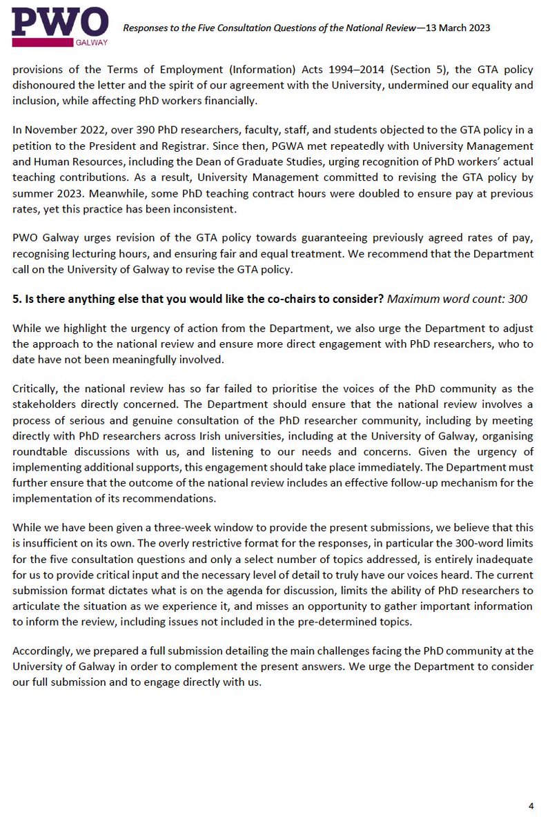 pwo_ug's tweet photo. Today, PWO Galway (formerly #PGWA) made a full submission to @DeptofFHed’s #PhDNationalReview highlighting our calls for receiving worker status across Irish universities, being paid a living wage, receiving #EqualPayforEqualWork & being meaningfully engaged in this review 1/4 https://t.co/AmEbhPc5Ln