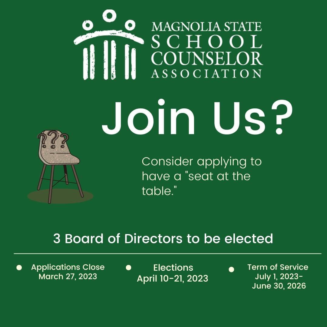 magnoliastateSCA (@msscatweets) on Twitter photo Applications to join the <a href="/MSSCAtweets/">magnoliastateSCA</a> Board of Directors open today and close on March 27. To learn more about service on the <a href="/MSSCAtweets/">magnoliastateSCA</a> Board and to see if you meet the requirements to apply to run, please visit magnoliastateschoolcounselor.org/Elections. Elections will take place in April. Applications to join the <a href="/MSSCAtweets/">magnoliastateSCA</a> Board of Directors open today and close on March 27. To learn more about service on the <a href="/MSSCAtweets/">magnoliastateSCA</a> Board and to see if you meet the requirements to apply to run, please visit magnoliastateschoolcounselor.org/Elections. Elections will take place in April.