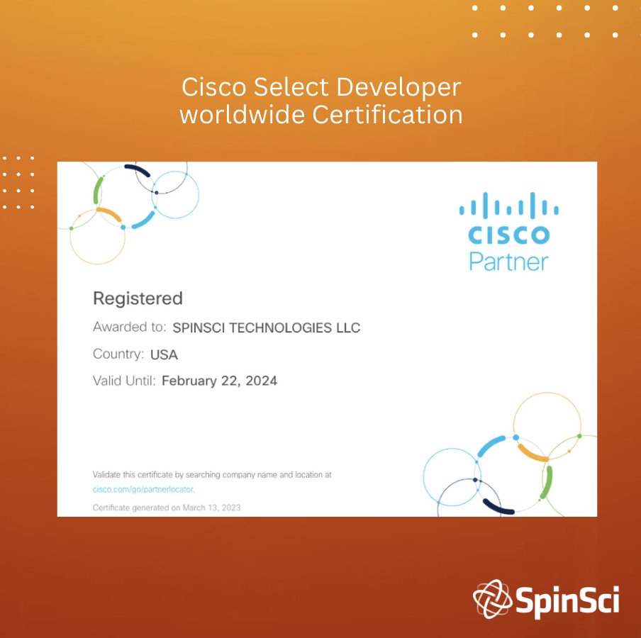 SpinSci Technologies LLC (@spinsci) on Twitter photo <a href="/SpinSci/">SpinSci Technologies LLC</a> has renewed Cisco Select Developer worldwide. The Cisco Partner Program rewards and recognizes partners who design and build innovative customer solutions with tight integration to Cisco platform technology. <a href="/SpinSci/">SpinSci Technologies LLC</a> has renewed Cisco Select Developer worldwide. The Cisco Partner Program rewards and recognizes partners who design and build innovative customer solutions with tight integration to Cisco platform technology.