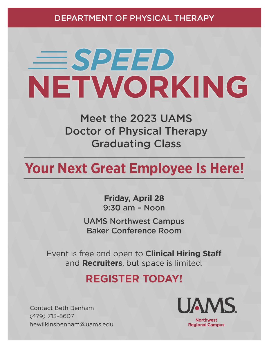 Join us!

@uamschp #PhysicalTherapist #dpt #uamsalumn #jobfair2023 #speednetworking