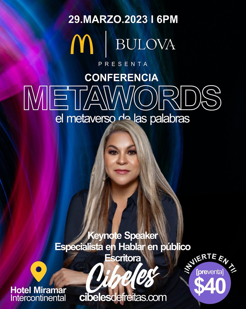 Cibeles1's tweet photo. Mi conferencia “METAWORDS” 

• Método “La Batalla de las A” para hablar en público.
• Comunicación de impacto desde el momento CERO hasta el cierre de tu venta/presentación 
• Marca personal 360 
• Lenguaje no verbal 

29 de marzo Hotel Miramar 6pm 
Inversión: $40.00 https://t.co/v0u0yzDszE