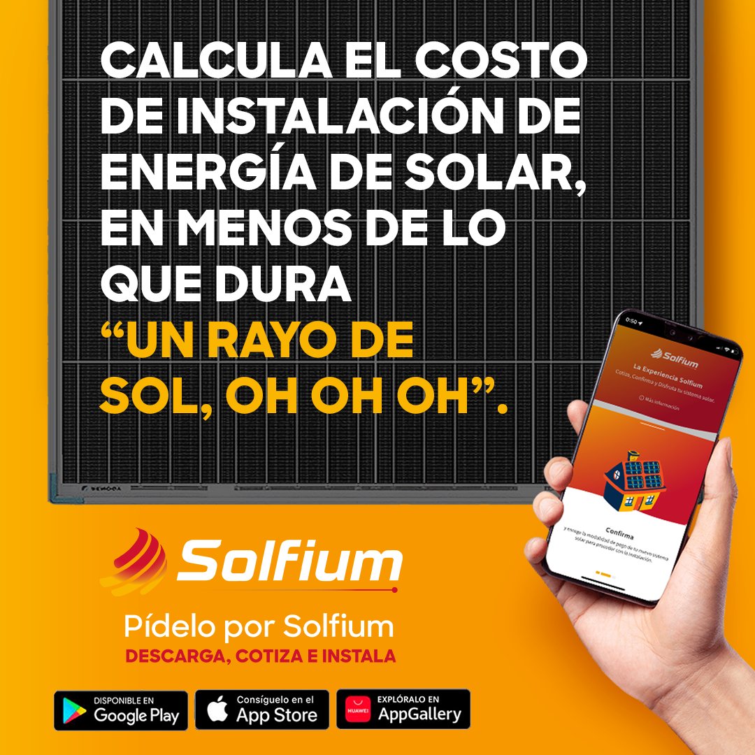 ¿Ya cotizaste tu sistema solar? Es rápido, seguro ¡y sin registrarte! Sólo necesitas estos datos: 
📍 Tu ubicación
💰 Cuánto pagas al bimestre (aprox)
Tu código de descuento: SOLAR
Descarga la app: solfium.com/download
Cotiza en línea: solfium.com/quotation#hogar