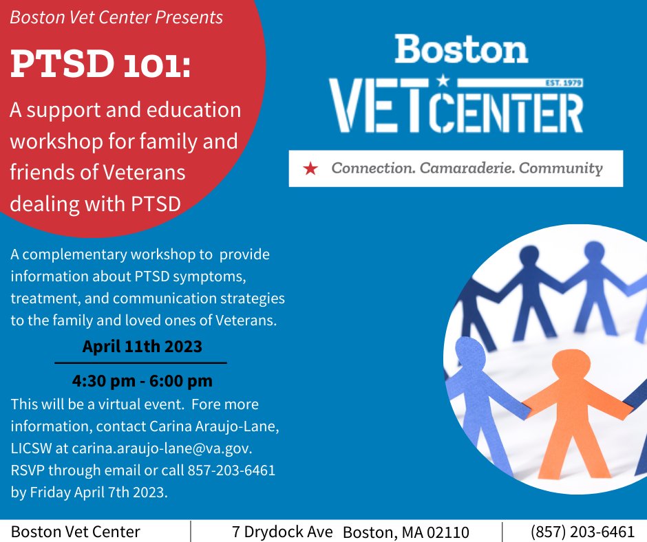 The Boston Vet Center will be hosting a virtual workshop focused on providing support and education about PTSD on April 11. For more information or to RSVP contact the Vet Center directly at 857-203-6461 or email carina.araujo-lane@va.gov.
