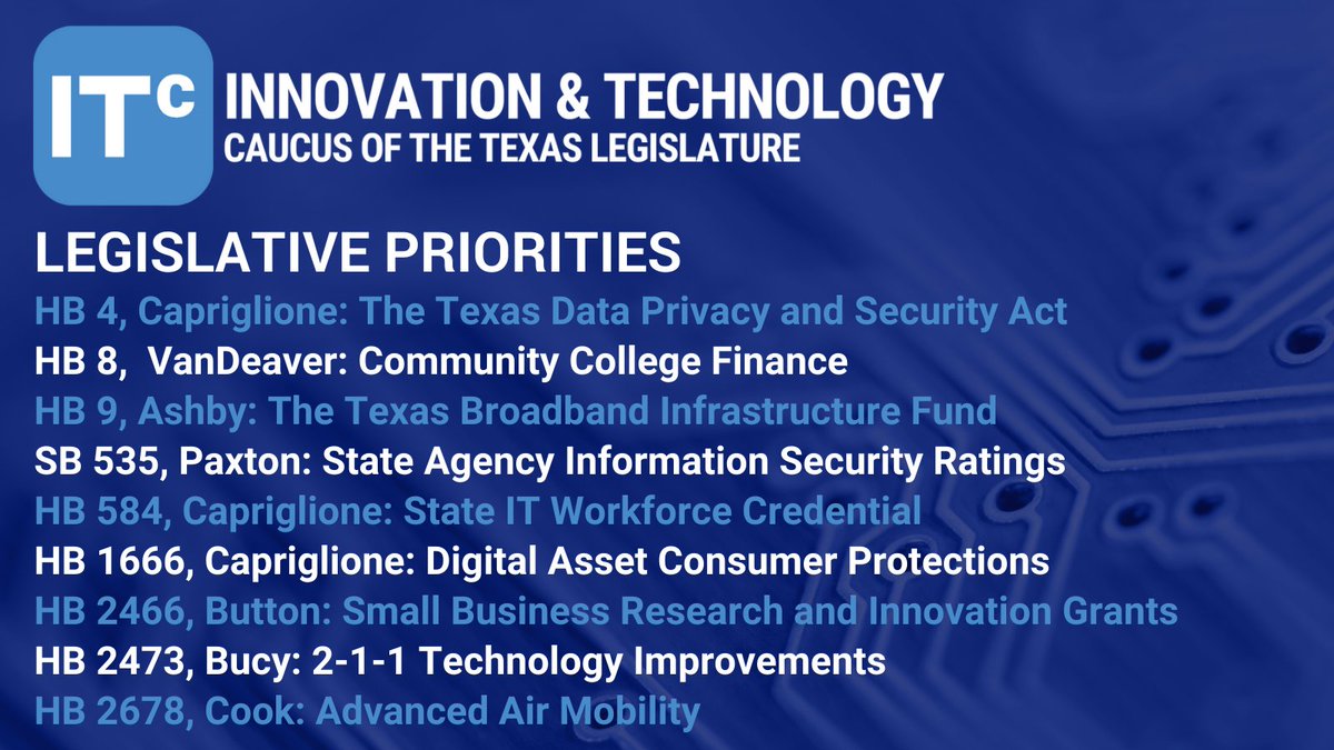 Last week, the IT Caucus Policy Committee met and unaimously endorsed 9 bipartisan bills.

Thanks to our Caucus Members <a href="/VoteGiovanni/">Giovanni Capriglione</a>, <a href="/GaryVanDeaver/">Gary VanDeaver</a>, <a href="/TrentAshbyTX/">TrentAshbyTX</a>, <a href="/AngelaPaxtonTX/">Senator Angela Paxton</a>, <a href="/AngieChenButton/">Angie Chen Button</a>, <a href="/BucyForTexas/">Rep. John Bucy III</a>, &amp; <a href="/DavidCookTexas/">David Cook</a> for authoring these important bills! #txlege