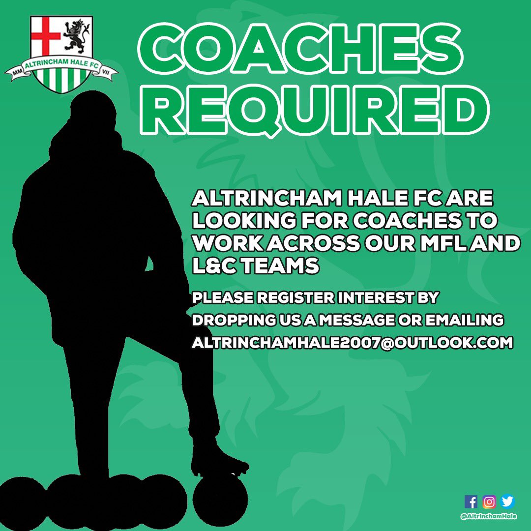 Coaches we need you! 🫵

We’re looking for volunteer coaches to join us at Alty Hale!

We have opportunity to work across both the Manchester League and the Lancashire &amp; Cheshire League! 

Please reach out to us via DM or the email on the post if you’re interested! 

🦁💚