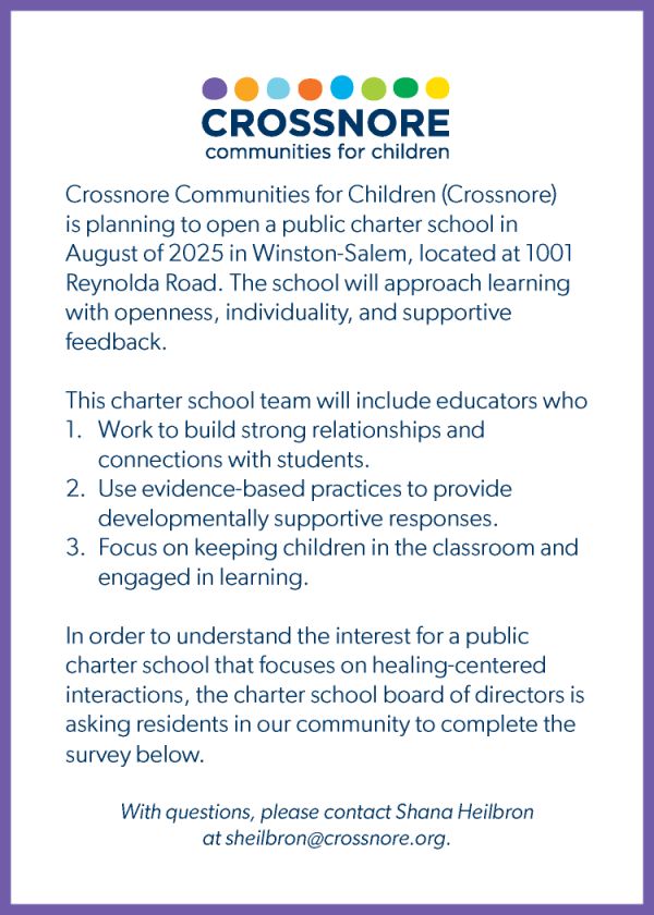 We have some exciting news! We are planning to open a public charter school on our Winston-Salem campus in August of 2025. If you are in or around the Winston-Salem community, please fill out the brief survey below and share!

 bit.ly/3Fkk1f0