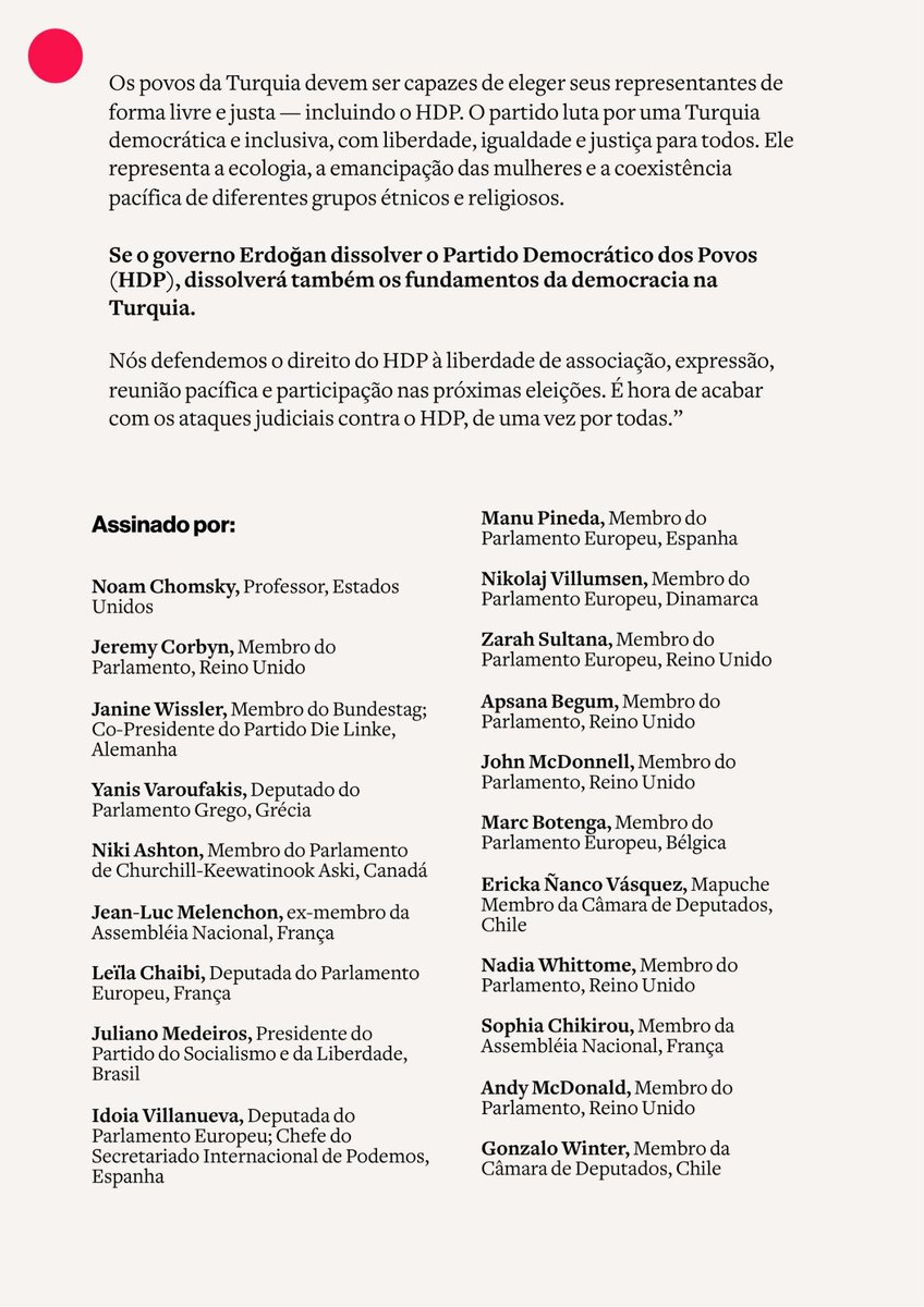 ProgIntl_br's tweet image. ÚLTIMA HORA: Mais de 50 líderes políticos de 23 países apelam a Erdoğan para “acabar com os ataques  contra o HDP”.

@JLMelenchon @janine_wissler @jeremycorbyn @IdoiaVR @yanisvaroufakis @WaldenBello @ManuPineda e Noam Chomsky estão entre aqueles que apoiam o HDP e a democracia