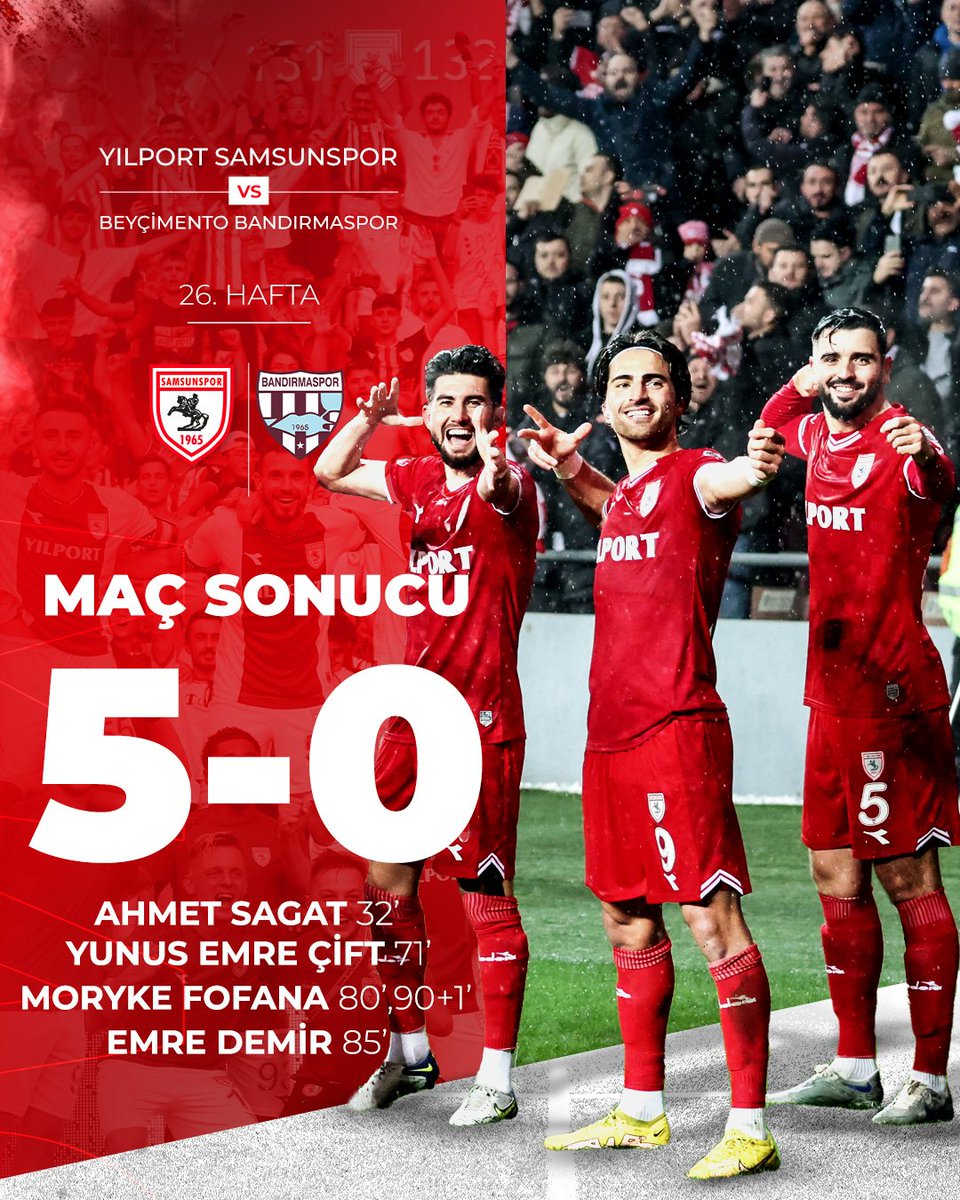 Kanal362's tweet photo. MAÇ SONUCU...🔴⚪🇦🇹🏆🇹🇷
Samsunspor 5 - 0 Bandırmaspor
⚽ Ahmet Sagat
⚽ Yunus Emre Çift
⚽ Moryke Fofana (2)
⚽ Emre Demir
#SAMvBAN https://t.co/wsdhxwpT5b