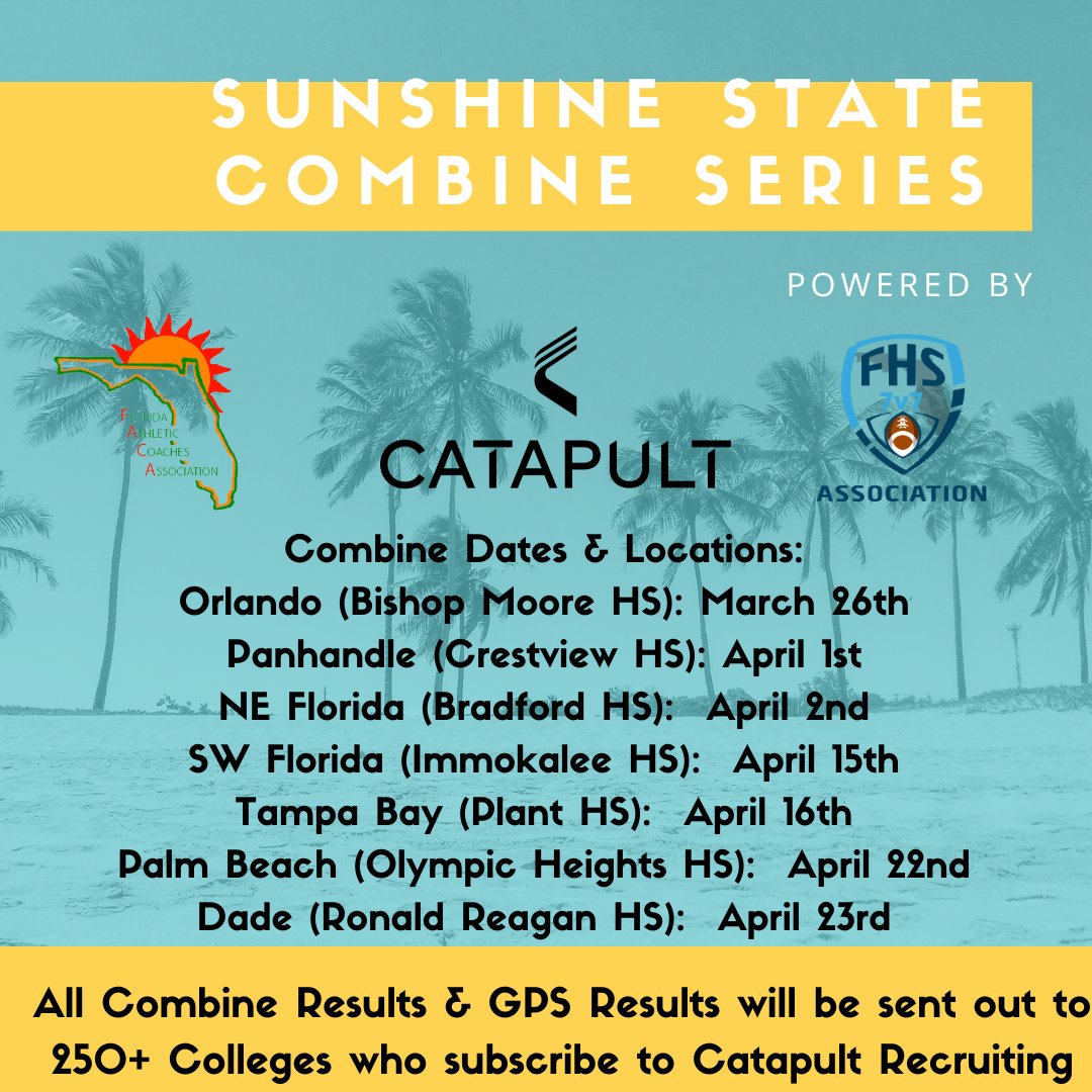 Here's the UPDATED Locations & Times for all Sunshine State Combines. Combines check in will start at 9am & Combine will start at 10am. Events should conclude by 2pm. Walk Up Registration will not be accepted so you must pre register. Here is the link: fhs7v7a.sportngin.com/register/form/…