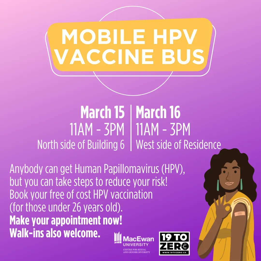 Anybody can get Human Papillomavirus (HPV), but you can take steps to reduce your risk!

Wednesday, March 15 | 11am-3pm | Building 6
Thursday, March 16 | 11am-3pm | West side of Residence

buff.ly/3laNCRw 

@19toZero #HPV #HPVAwareness #Immunizations #SexualHealth
