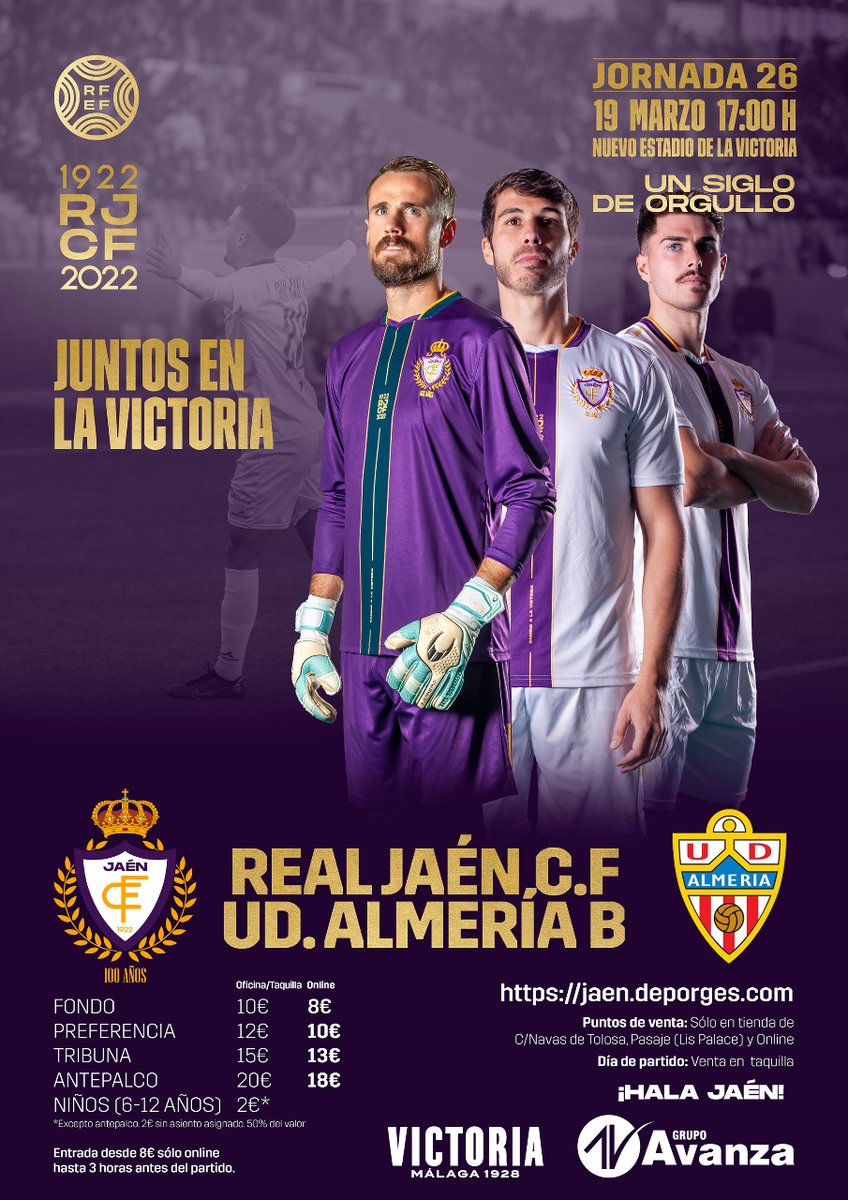 ᴘʀᴏ́xɪᴍᴏ ᴘᴀʀᴛɪᴅᴏ 

REAL JAÉN C.F 🆚 U.D ALMERÍA B

🏆 Jornada 26 - Grupo IX - 3º RFEF
🗓️ 19 de Marzo
⏰ 17:00
🏟️ Nuevo Estadio de La Victoria

⚪🟣⚪🟣

#realjaenalmeria
#UnSigloDeOrgullo
