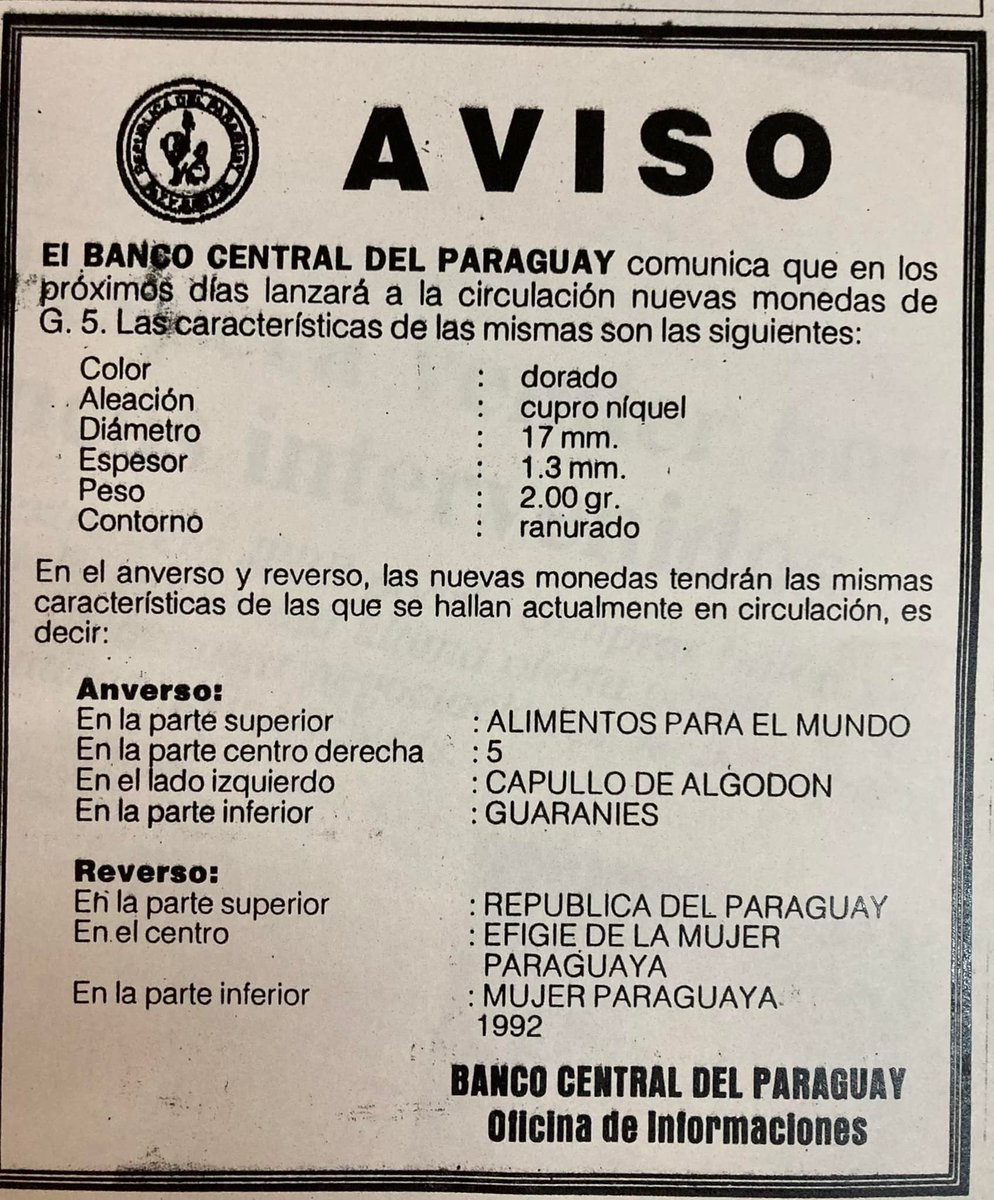 Un día como hoy el Banco Central del Paraguay <a href="/BCP_PY/">Banco Central del Paraguay</a>  comunicaba la futura puesta en circulación de las monedas de Gs. 5.

Fuente e Imágenes:
Diario ABC Color - 13 de marzo de 1993
NISA