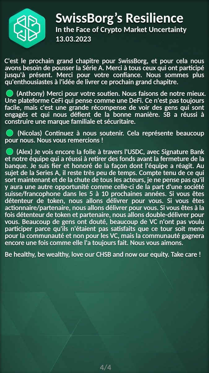 nicokonut's tweet image. La résilience de #SwissBorg face à l'incertitude du marché crypto (🇫🇷 recap) - 13.03.2023
#WeAreSwissBorg $CHSB #CHSB $BTC $ETH #Yodl #NousSommesSwissBorg #Thematics #Launchpad #SeriesA