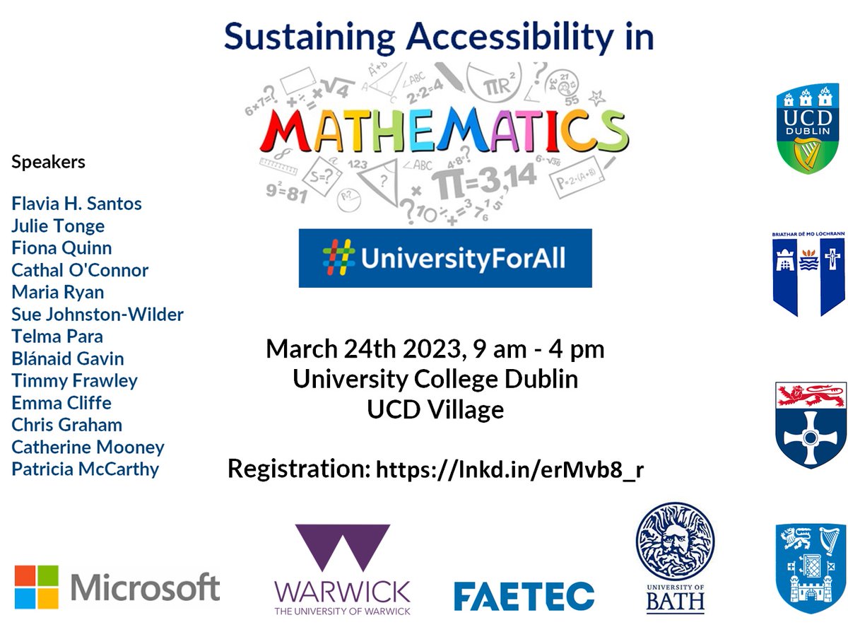 DrFlaviaHSantos's tweet image. How to celebrate International Mathematics Day 𝝅 #PiDay #idm2023 #IDM314⁉️
Inviting you to this great event at the University College Dublin! #UniversityForAll #MathsForAll #MathEd #Belonging #WomenInSTEM