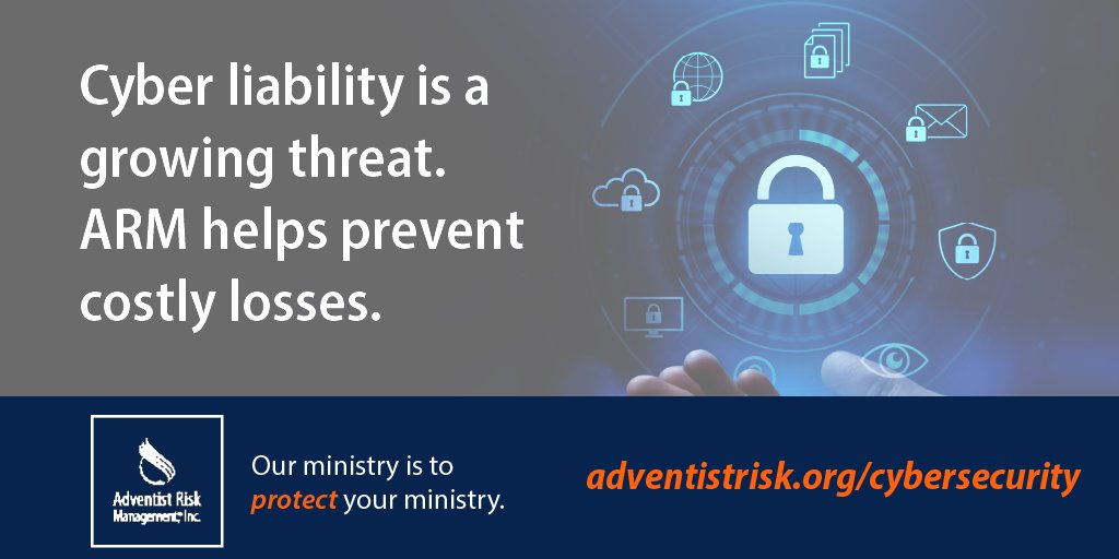 ARM has made cyber security a top priority by providing insurance assistance, vendor information, and education resources to help churches and schools stay safe online. Log on to adventistrisk.org for more information. #ARMCares #ProtectYourMinistry #Cybersecuirty