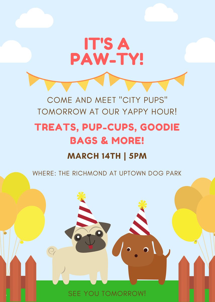 We can't wait to see you tomorrow at your very first Yappy Hour! Come on down to our dog park and get some treats, goodie bags, and pup cups for your furry friend! 😊

#yappyhour #citypups #houston #pawty #doglover #houstondogs #puppy #pupsofinstagram #dogsofinstagram #htx #texas