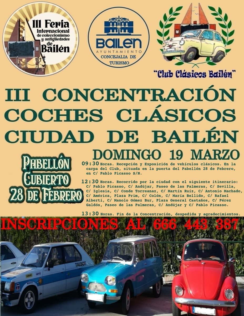 Y nuestra ya clasica III Concentración de coches Clásicos Ciudad de Bailén anexa a la III Feria Internacional de Coleccionismo de Bailén.
Con la indispensable colaboración del Club Clásicos de Bailén
Apoya <a href="/AytoBailen/">Ayuntamiento Bailén</a>, patrocina <a href="/TODOCOLECCION/">todocoleccion.net</a>