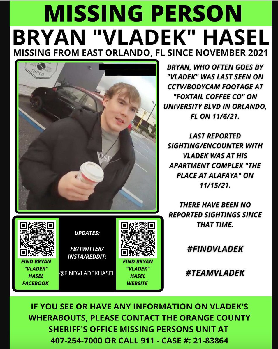 #BryanVladekHasel has been #Missing from The Place at #Alafaya #EastOrlando since Nov. 15, 2021. His family needs to know he’s safe. #FindVladek #TeamVladek #MissingPosterMonday #MissingMonday #MondayMotivation