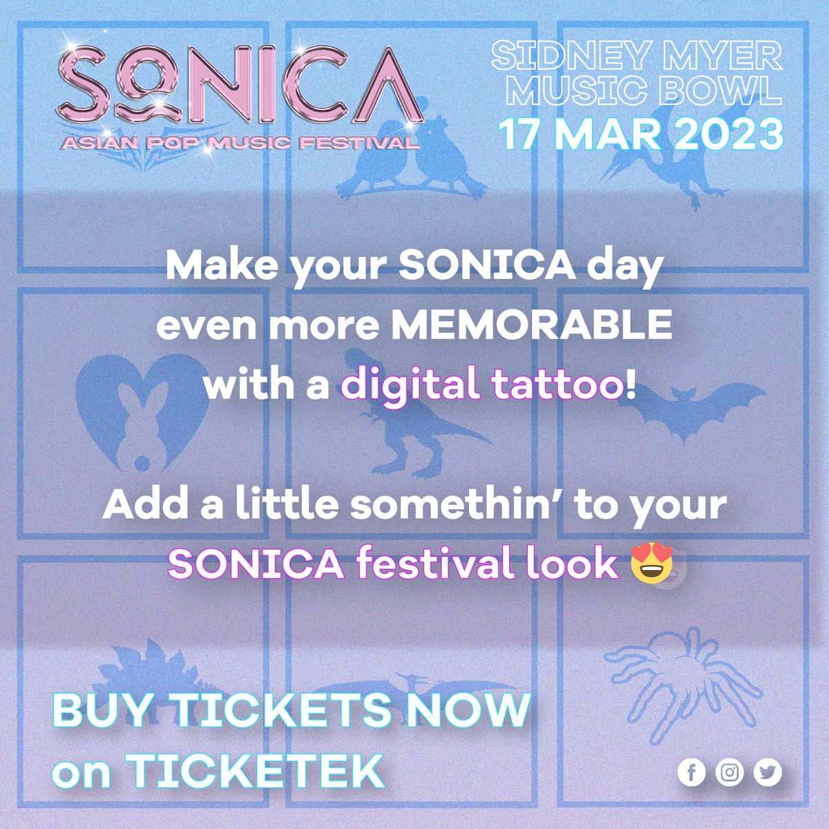 Make your day with #SONICA even more MEMORABLE with a tattoo!

Get a temporary airbrush tattoo and add a little somethin’ to your SONICA festival look 😍

The best part? They’re all fun and NO pain 👏

#sonicamusicfestival #melbourneevents #AsianPop #Kpop #MelbourneFestivals