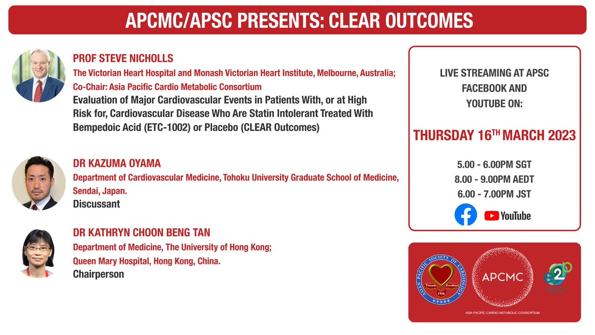 The Asia Pacific Cardiometabolic Consortium (@the_apcmc) on Twitter photo This Thursday, 16th March at 8.00pm AEDT via <a href="/apsc_office/">Asian Pacific Society of Cardiology</a> <a href="/ProfSNicholls/">Steve Nicholls</a> will summarise the results from the CLEAR Outcomes trial. Join Steve and our panel as we discuss this important trial and the new option it presents for patients with statin intolerance. This Thursday, 16th March at 8.00pm AEDT via <a href="/apsc_office/">Asian Pacific Society of Cardiology</a> <a href="/ProfSNicholls/">Steve Nicholls</a> will summarise the results from the CLEAR Outcomes trial. Join Steve and our panel as we discuss this important trial and the new option it presents for patients with statin intolerance.