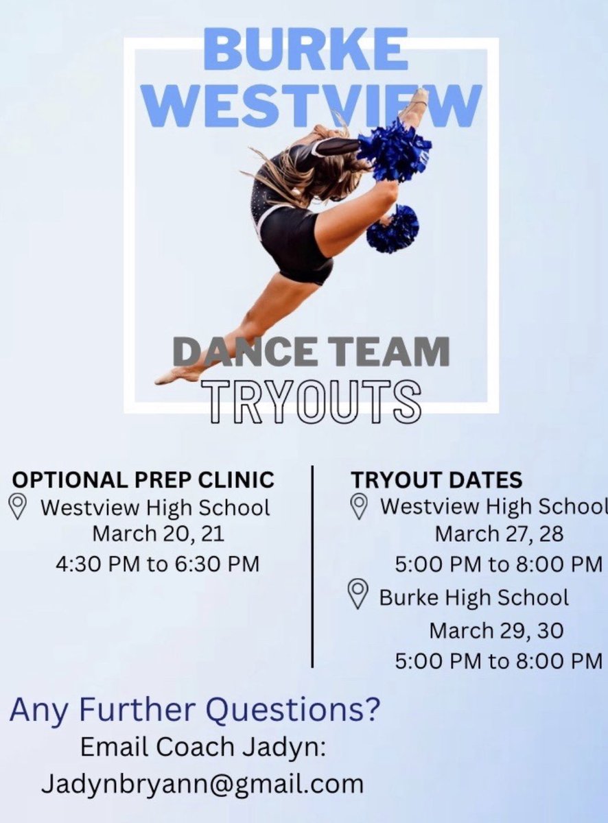 Year one of the Burke/Westview Dance team saw amazing success, we can’t wait to see what year two has in store! Do you want to be part of the team? See the flyer below for all the details on tryouts!