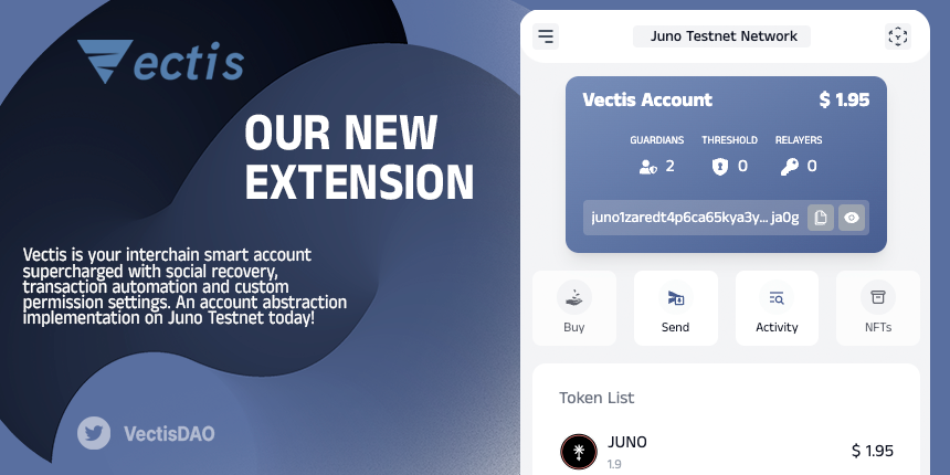 1/ Say hello to the Vectis Browser Extension! A fully open source project, a fundamental piece to bring the benefits of account abstractions to mainstream users

#AccountAbstraction #CosmosEcosystem #Security #Automation <a href="/CosmWasm/">CosmWasm</a>