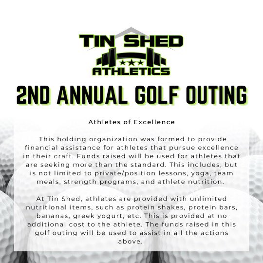 TinShedAthletic's tweet photo. By popular demand, the Tin Shed Open is back! Please share and spread the word. 

As mentioned in the description, the proceeds will benefit Athletes of Excellence. 

To register, please contact Matt Osborne via DMs or text. Thanks! https://t.co/uv2rLGPY7t