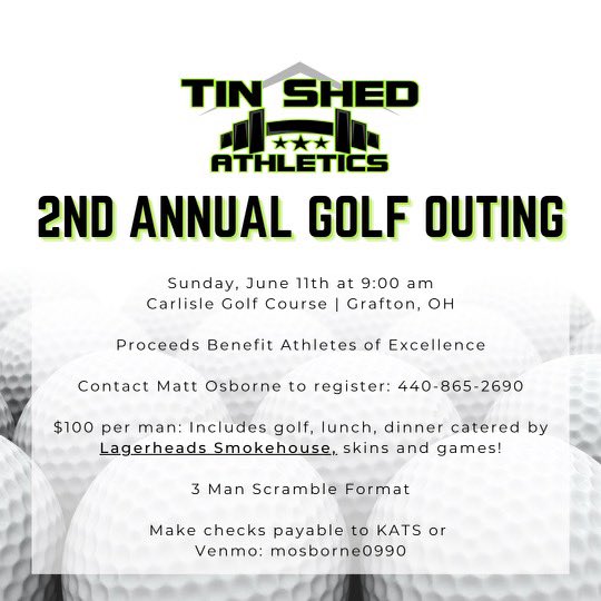 TinShedAthletic's tweet photo. By popular demand, the Tin Shed Open is back! Please share and spread the word. 

As mentioned in the description, the proceeds will benefit Athletes of Excellence. 

To register, please contact Matt Osborne via DMs or text. Thanks! https://t.co/uv2rLGPY7t