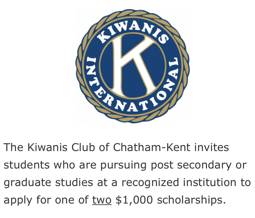 Not much time left to submit your or your student’s application. Act now! Deadline is March 31. #ckont #kiwanis #Scholarship chatham-kentkiwanis.com/scholarships/