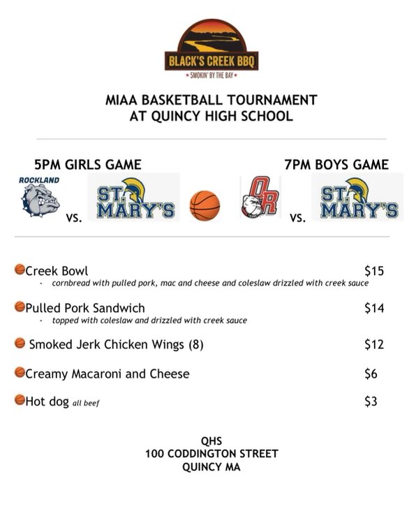QHS Roll Hats (@hatsqhs) on Twitter photo QHS hosting MIAA Final Four matchups!!
5pm:
Girls hoop
Rockland HS
vs
St Mary’s
6:30pm:
Boys hoop
St Mary’s
vs
Old Rochester
<a href="/ORRBasketBall/">Bulldog Basketball</a> <a href="/BballQhs/">QHS-Girls’ bball</a> <a href="/QHSAthletics/">Quincy HS Athletics</a>
@smhboysbball
<a href="/smhlynn/">St. Mary's Lynn</a>
@rocklanddogs
@orrbulldogs
@orr_hoops
<a href="/ORRDogPound/">ORR DogPound</a> QHS hosting MIAA Final Four matchups!!
5pm:
Girls hoop
Rockland HS
vs
St Mary’s
6:30pm:
Boys hoop
St Mary’s
vs
Old Rochester
<a href="/ORRBasketBall/">Bulldog Basketball</a> <a href="/BballQhs/">QHS-Girls’ bball</a> <a href="/QHSAthletics/">Quincy HS Athletics</a>
@smhboysbball
<a href="/smhlynn/">St. Mary's Lynn</a>
@rocklanddogs
@orrbulldogs
@orr_hoops
<a href="/ORRDogPound/">ORR DogPound</a>