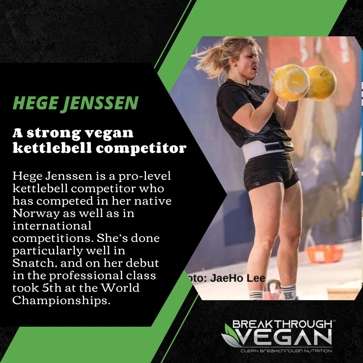 Hege Jenssen is a pro-level kettlebell competitor who has competed in her native Norway as well as in international competitions. She’s done particularly well in Snatch, and on her debut in the professional class took 5th at the World Championships. 
.
#breakthroughvegan