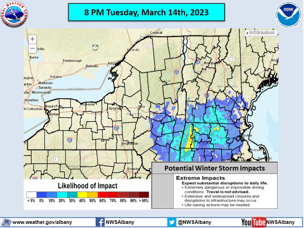 NWSAlbany's tweet photo. Extreme impacts from this powerful coastal low is most favored over the Berkshires (esp. the eastern slopes). The higher terrain coupled with being in close proximity to the storm system will result in the best chance for greatest impact (combined effects of snow and wind). https://t.co/RyQ58lUs46