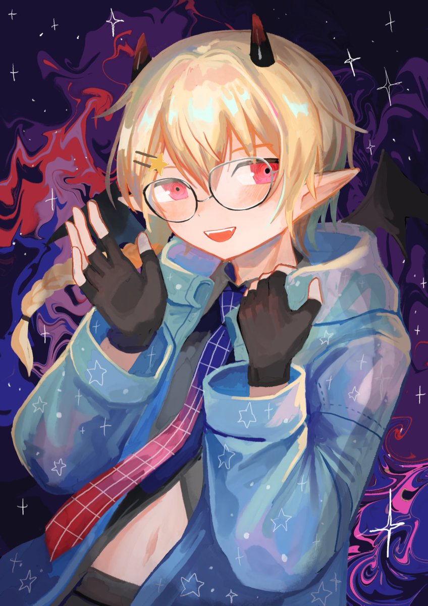 blonde hair male focus glasses gloves 1boy horns fingerless gloves  illustration images