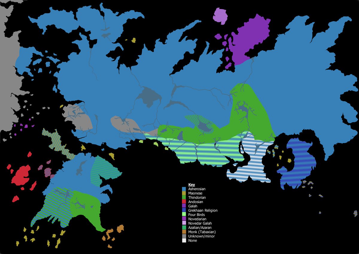 KoposArt's tweet photo. Just a last map before I head to bed. This one is an early WIP one (as I still need to smooth out some of the facts) showing largest religion, beliefs, and religious branches (or lack there of) throughout #Endara. Asherosian is by far the most spread and followed. https://t.co/25hB1axxlQ