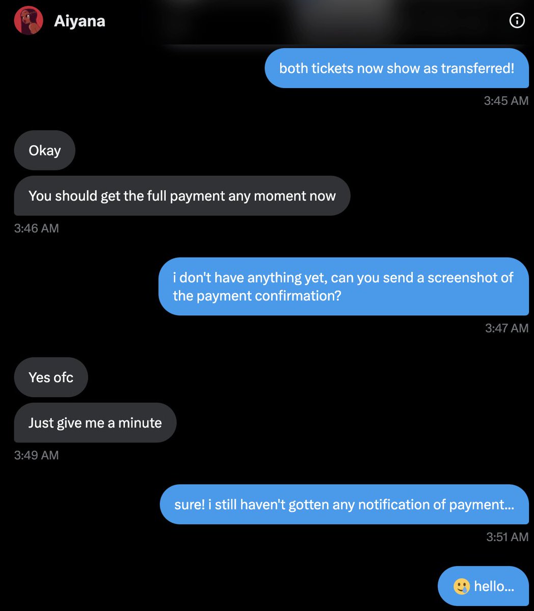 kaifessionGOs's tweet photo. scammer alert ‼️ 

twt @ / full name - aiyanacrump
email - ryanasryan@yahoo

asked for og email conf ss and a screen recording of tix, originally asked to transfer/pay one ticket at a time concurrently, then said she was doing it all at once

still has NOT paid my friend https://t.co/HcAqqGssDI