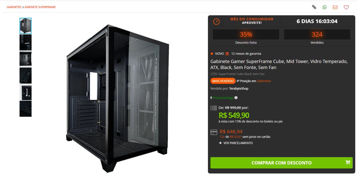 PromoLinkBR's tweet image. 🖥️ Gabinete Gamer SuperFrame Cube, Mid Tower, Vidro Temperado, ATX, Black, Sem Fonte, Sem Fan

🏷 por R$ 549,90 à vista com 15% de desconto no boleto ou PIX
🏷 ou 12x de R$ 53,91 sem juros

🛒Loja: Terabyte

👉Acesse: terabyteshop.com.br/produto/23713/…
#PCgaming #PromoGamer #gabinetegamer