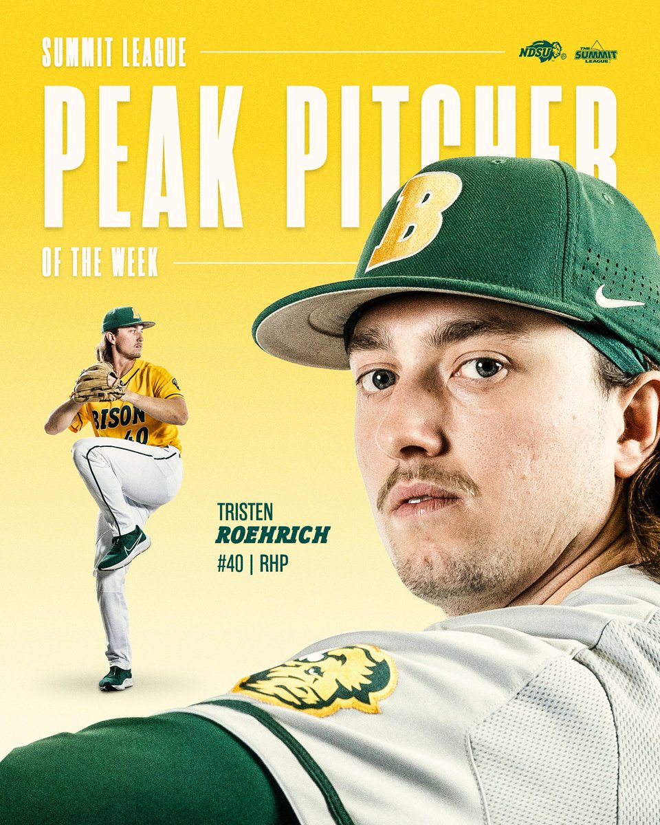 After tossing the most strikeouts by a Bison player since 2007, Tristen Roehrich has been named the TicketSmarter Summit League 𝗣𝗲𝗮𝗸 𝗣𝗶𝘁𝗰𝗵𝗲𝗿 𝗼𝗳 𝘁𝗵𝗲 𝗪𝗲𝗲𝗸!

📰: bit.ly/3ZHsbXl